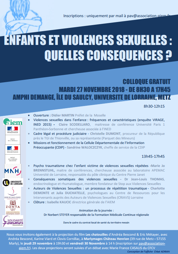 Affiche du colloque « enfants et violences sexuelles : quelles conséquences ? » le 27 novembre à Metz 
